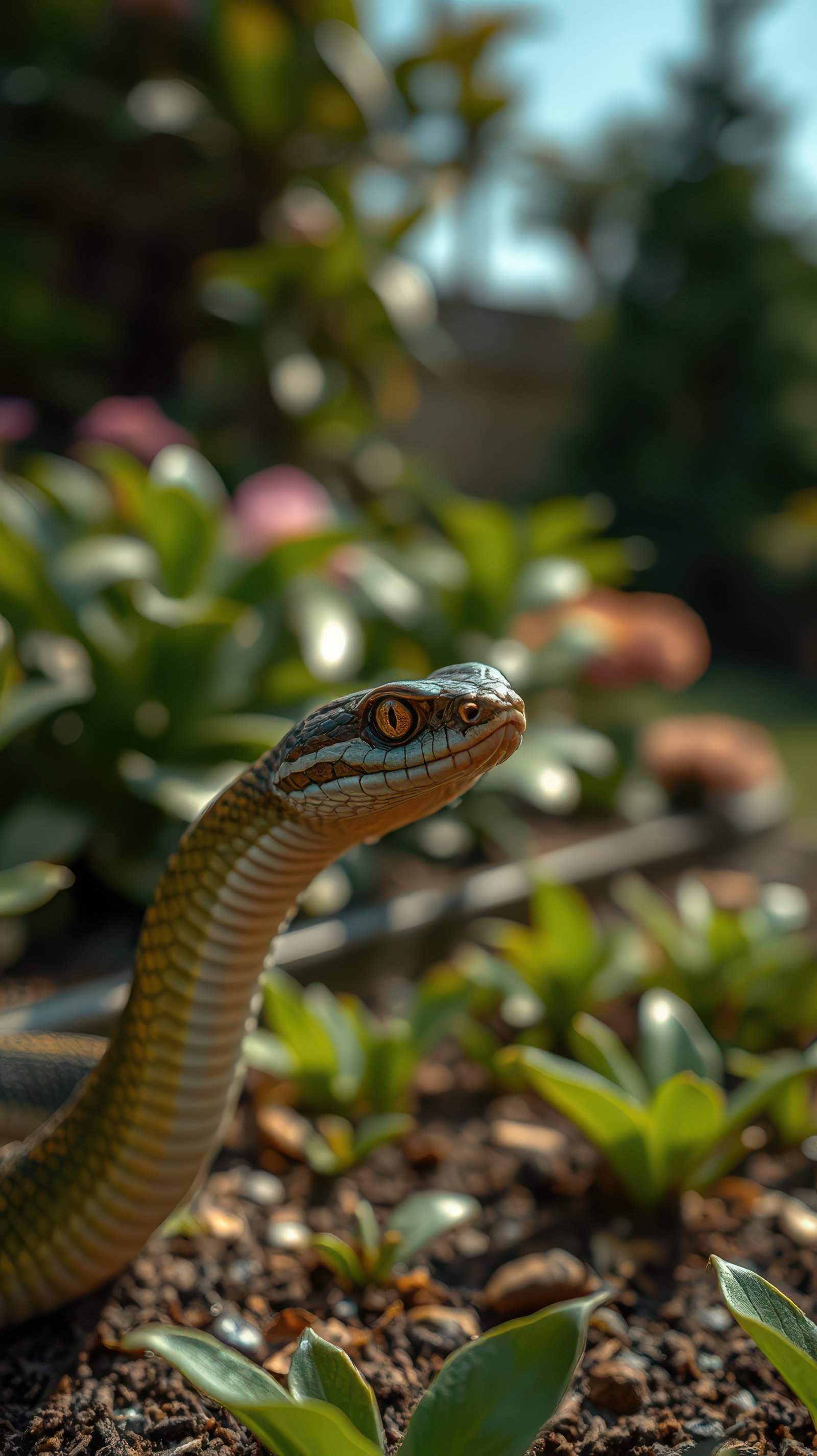 Close-up of a snake resting among lush green plants in a vibrant garden on a sunny day
